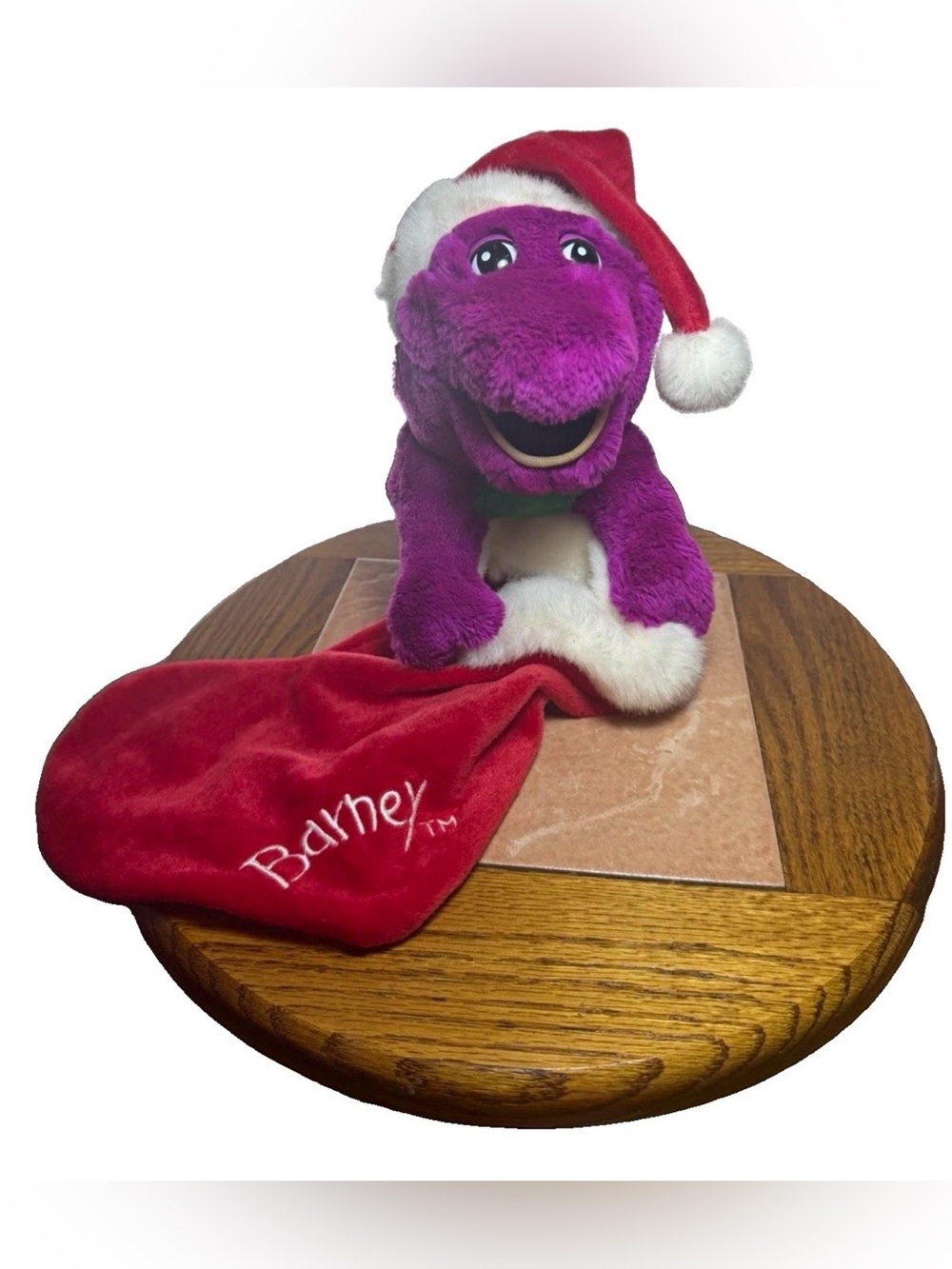 Barney Holiday Plush with Santa Hat and Red Stocking